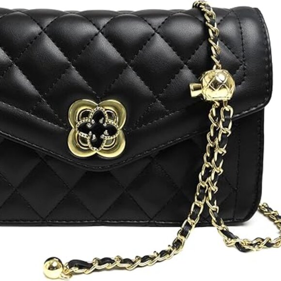 Neiman Marcus Clover Black and Gold Quilted Leather Crossbody Bag - Picture 4 of 4